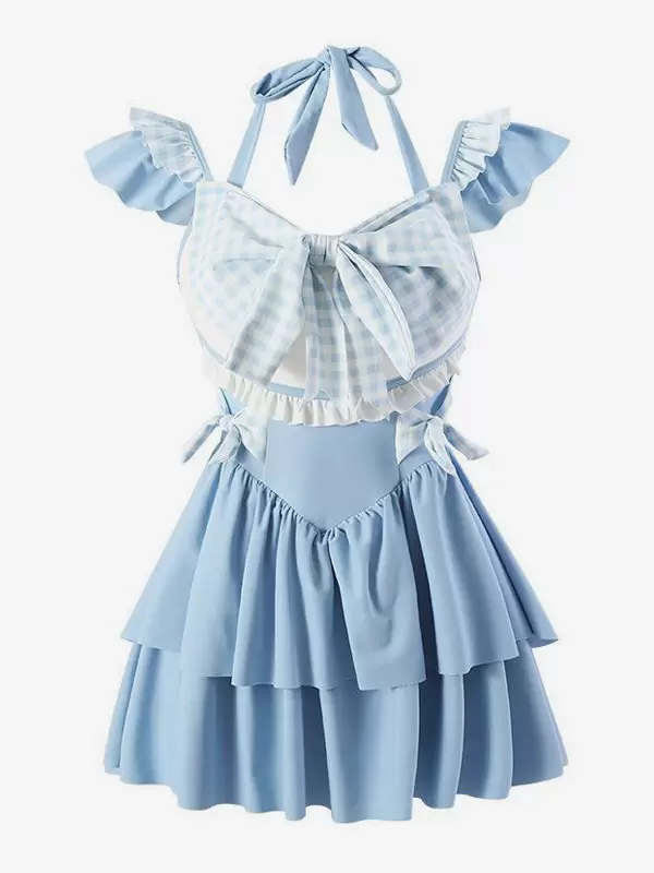 ROCOCO Style Lolita Swimsuits Light Sky Blue Plaid Bows Ruffles Sleeveless Jumpsuit - Image 4