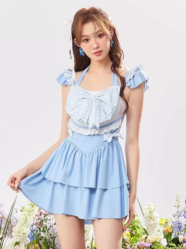 ROCOCO Style Lolita Swimsuits Light Sky Blue Plaid Bows Ruffles Sleeveless Jumpsuit - Image 3