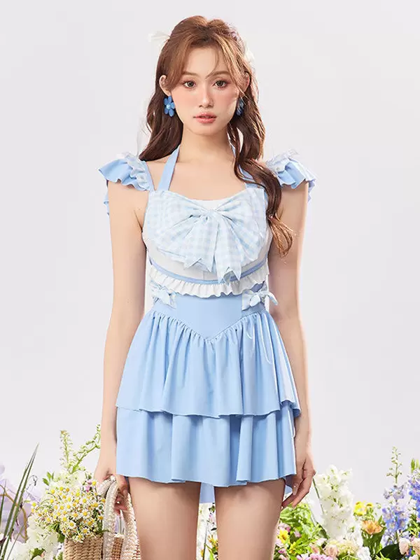 ROCOCO Style Lolita Swimsuits Light Sky Blue Plaid Bows Ruffles Sleeveless Jumpsuit - Image 2
