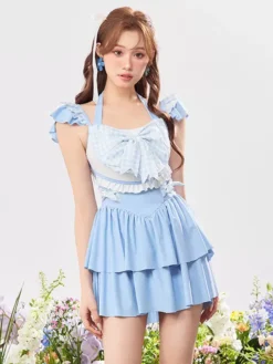 ROCOCO Style Lolita Swimsuits Light Sky Blue Plaid Bows Ruffles Sleeveless Jumpsuit