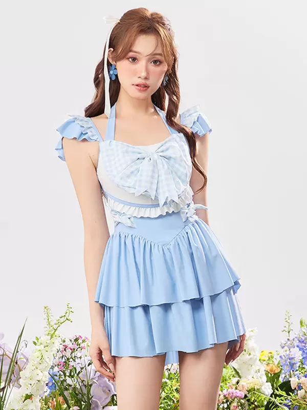 ROCOCO Style Lolita Swimsuits Light Sky Blue Plaid Bows Ruffles Sleeveless Jumpsuit