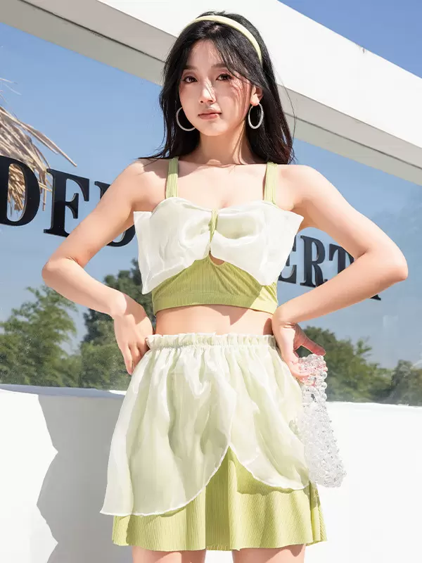 Sweet Lolita Swimsuits Black Bows Ruffles Sleeveless Skirt Top