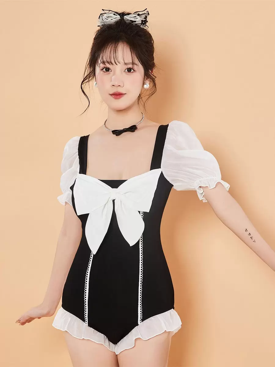 Sweet Lolita Swimsuits Light Sky Blue Color Block Ruffles Bows Short Sleeves Jumpsuit - Image 4