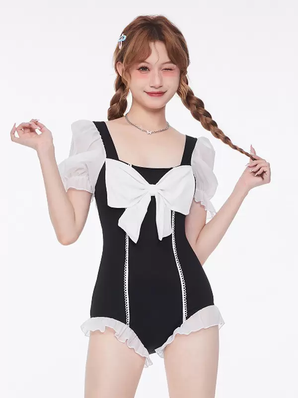 Sweet Lolita Swimsuits Light Sky Blue Color Block Ruffles Bows Short Sleeves Jumpsuit