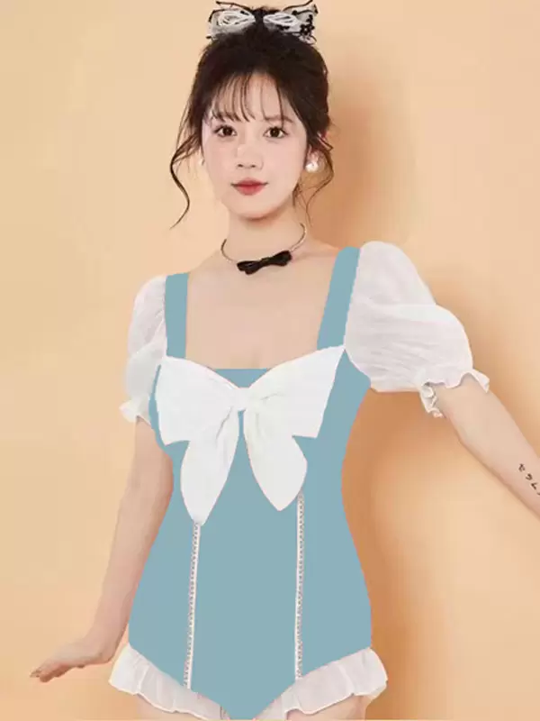 Sweet Lolita Swimsuits Light Sky Blue Color Block Ruffles Bows Short Sleeves Jumpsuit - Image 5