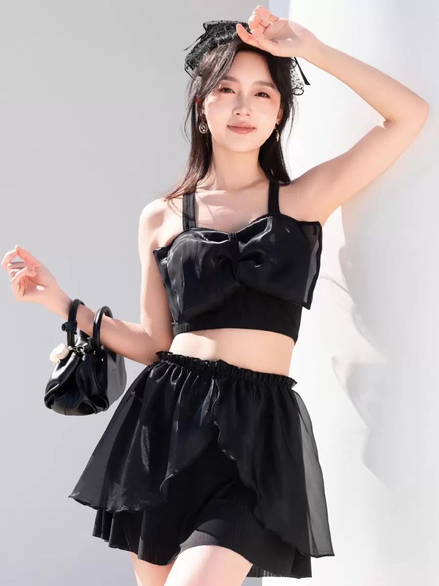 Sweet Lolita Swimsuits Black Bows Ruffles Sleeveless Skirt Top - Image 3