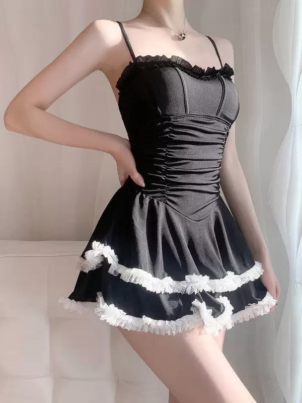 Gothic Lolita Swimsuits Black Ruffles Sleeveless Pants Dress - Image 2