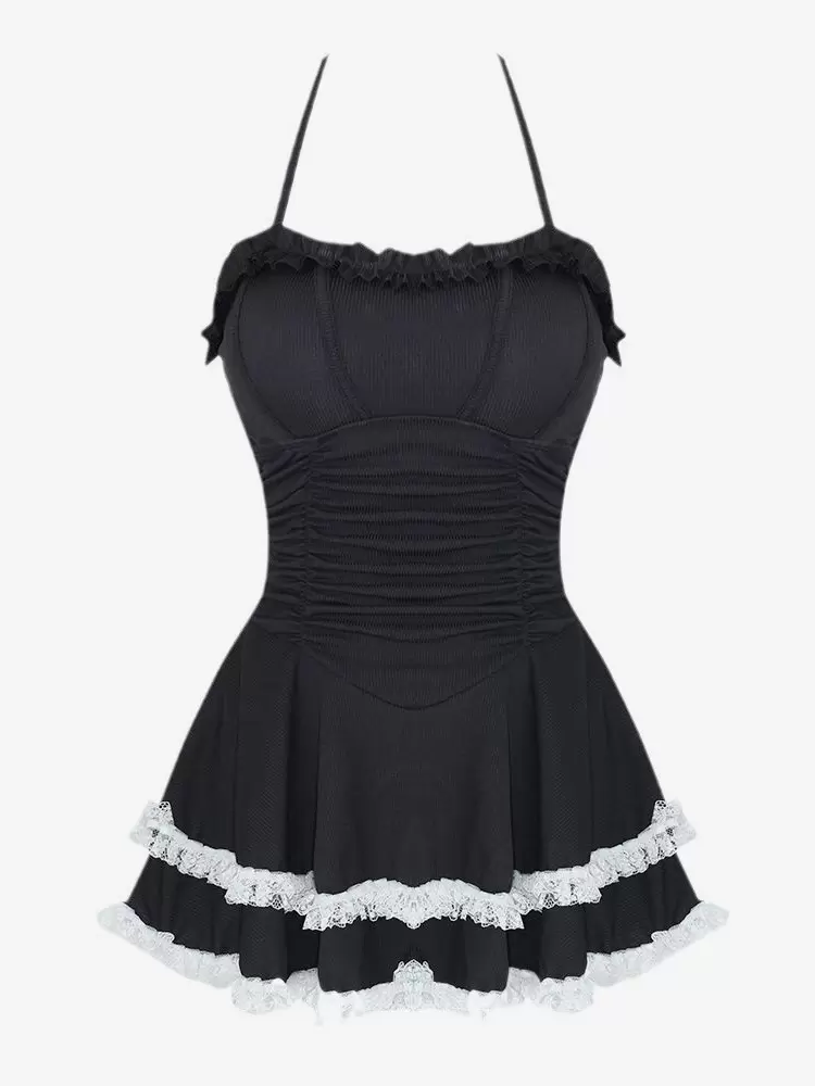 Gothic Lolita Swimsuits Black Ruffles Sleeveless Pants Dress - Image 5