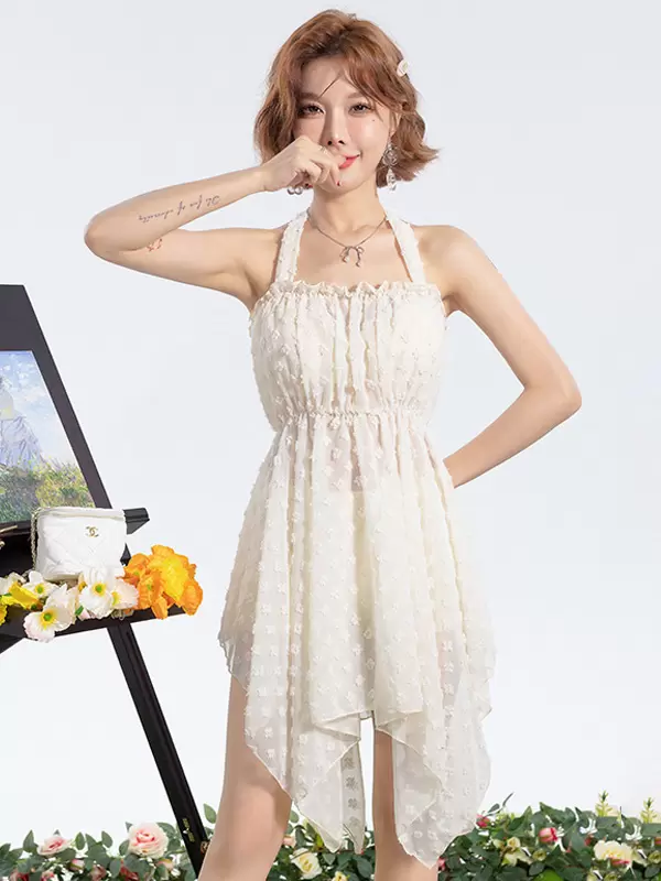 ROCOCO Style Lolita Swimsuits Ecru White Flowers Sleeveless Top Dress Pants - Image 5