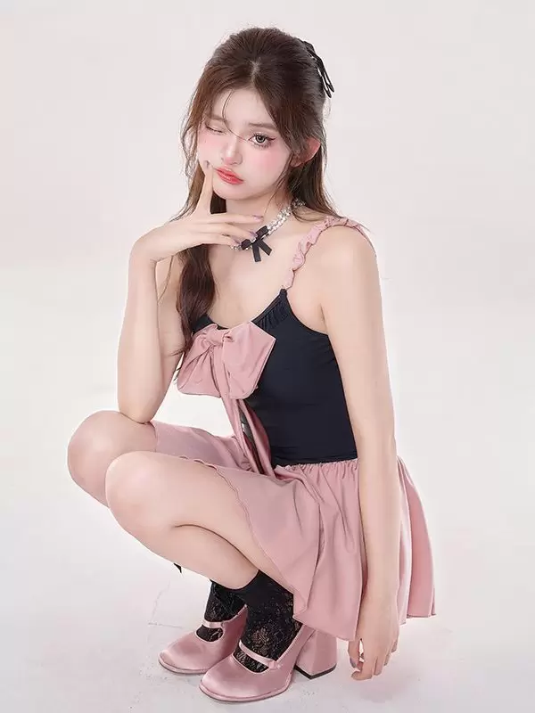 ROCOCO Style Lolita Swimsuits Pink Bows Pleated Sleeveless Jumpsuit - Image 3