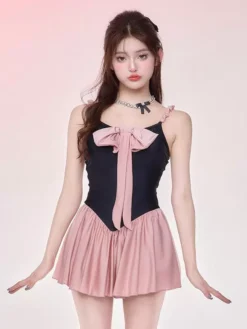 ROCOCO Style Lolita Swimsuits Pink Bows Pleated Sleeveless Jumpsuit