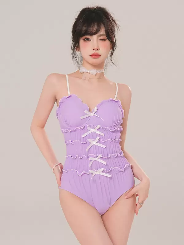 Sweet Lolita Swimsuits Lavender Bows Pleated Sleeveless Jumpsuit - Image 2