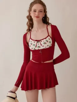 Sweet Lolita Swimsuits Red Floral Print Bows Long Sleeves Overcoat Pants