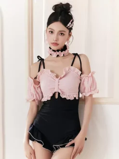 ROCOCO Style Lolita Swimsuits Black Lace Up Ruffles Color Block Sleeveless Jumpsuit
