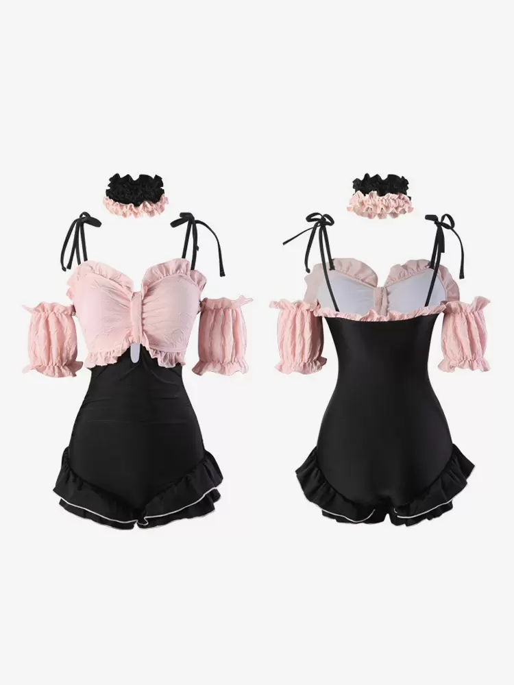 ROCOCO Style Lolita Swimsuits Black Lace Up Ruffles Color Block Sleeveless Jumpsuit - Image 5