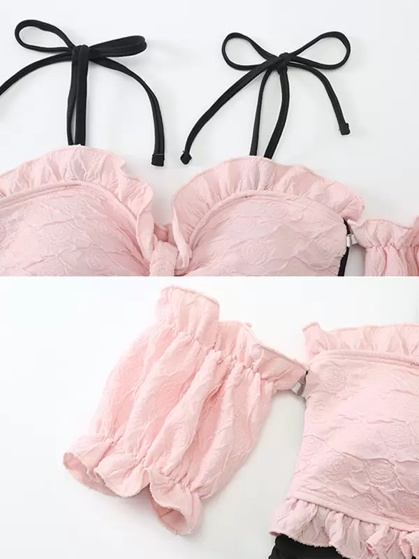 ROCOCO Style Lolita Swimsuits Black Lace Up Ruffles Color Block Sleeveless Jumpsuit - Image 6