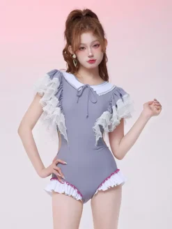 ROCOCO Style Lolita Swimsuits Light Gray Ruffles Bows Color Block Jumpsuit