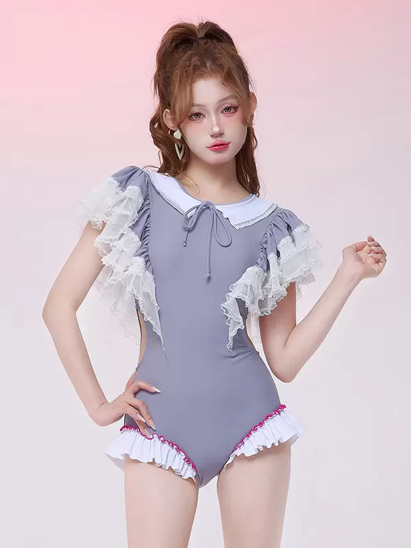 ROCOCO Style Lolita Swimsuits Light Gray Ruffles Bows Color Block Jumpsuit