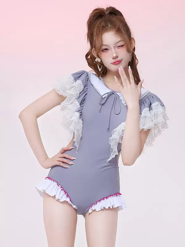 ROCOCO Style Lolita Swimsuits Light Gray Ruffles Bows Color Block Jumpsuit - Image 2