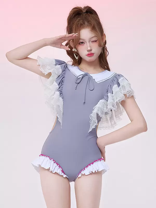 ROCOCO Style Lolita Swimsuits Light Gray Ruffles Bows Color Block Jumpsuit - Image 3