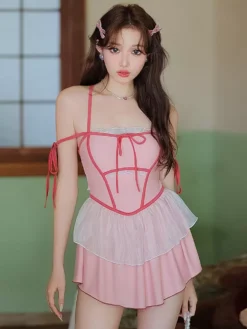 Sweet Lolita Swimsuits Pink Bows Ruffles Color Block Sleeveless Jumpsuit