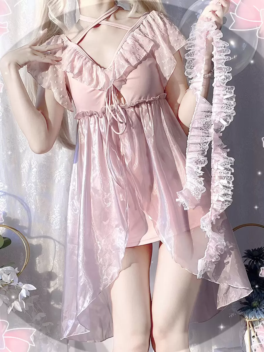 Sweet Lolita Swimsuits Pink Ruffles Lace Up Short Sleeves Pants Dress - Image 7