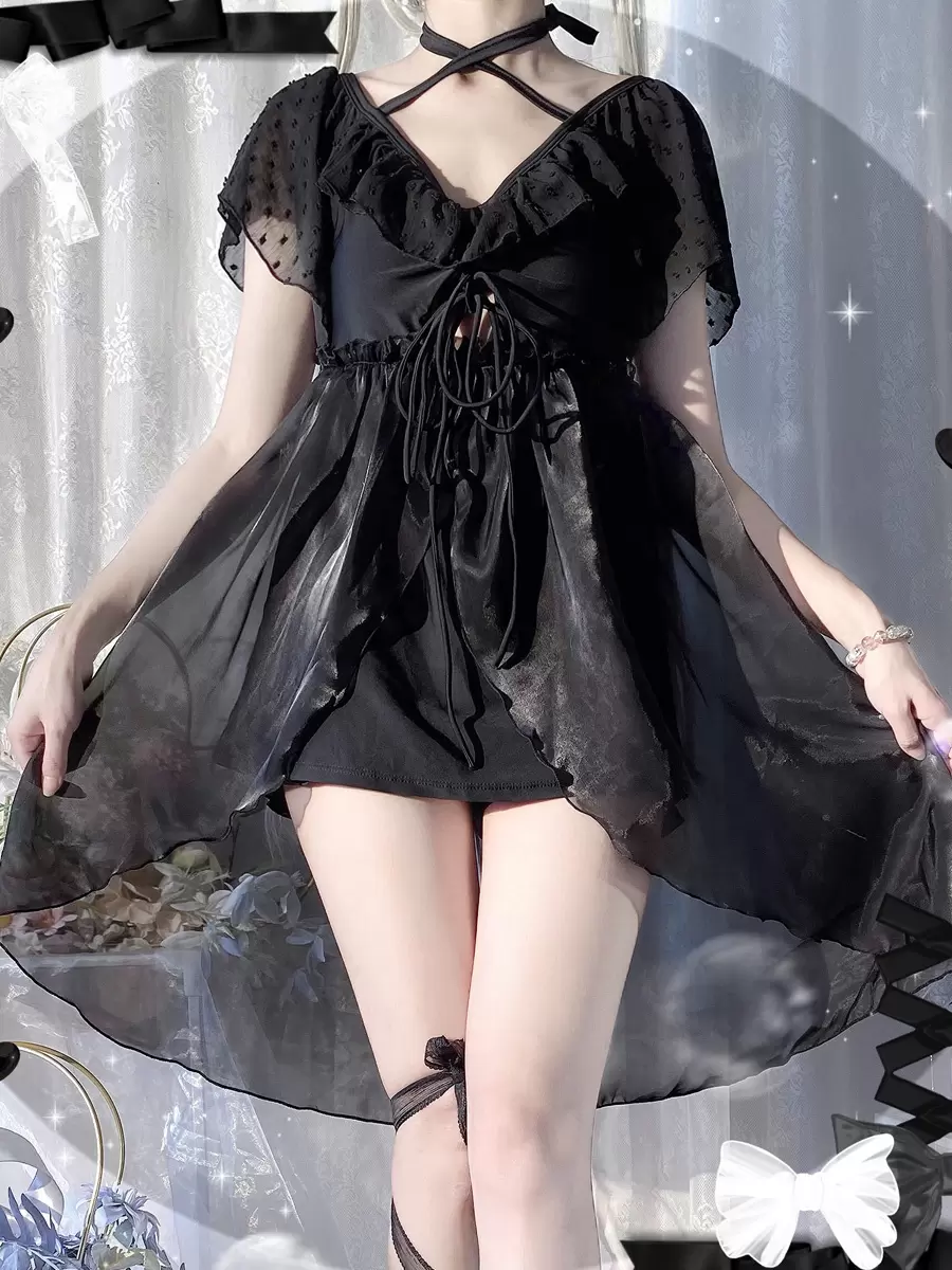 Sweet Lolita Swimsuits Pink Ruffles Lace Up Short Sleeves Pants Dress