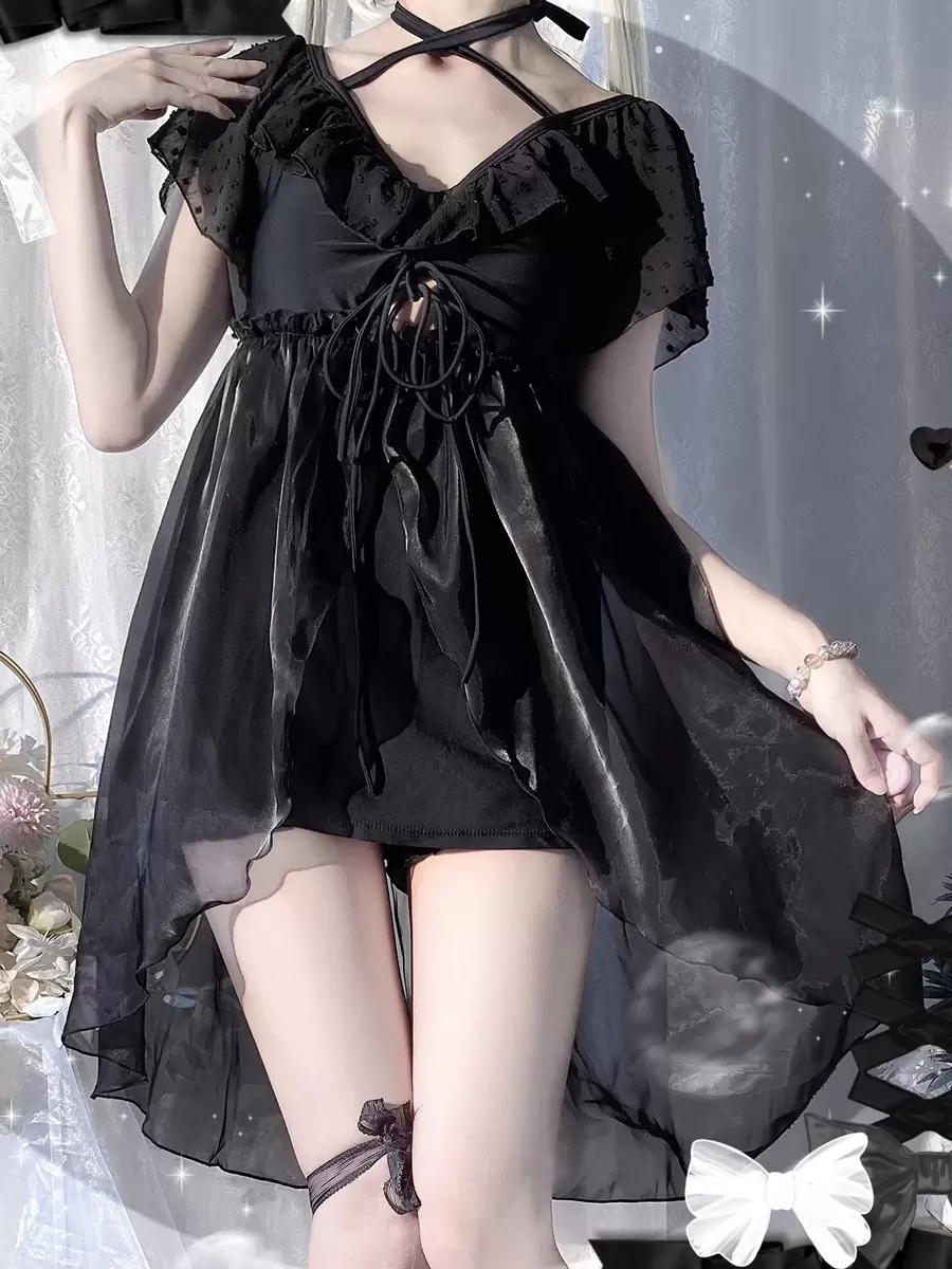 Sweet Lolita Swimsuits Pink Ruffles Lace Up Short Sleeves Pants Dress - Image 2