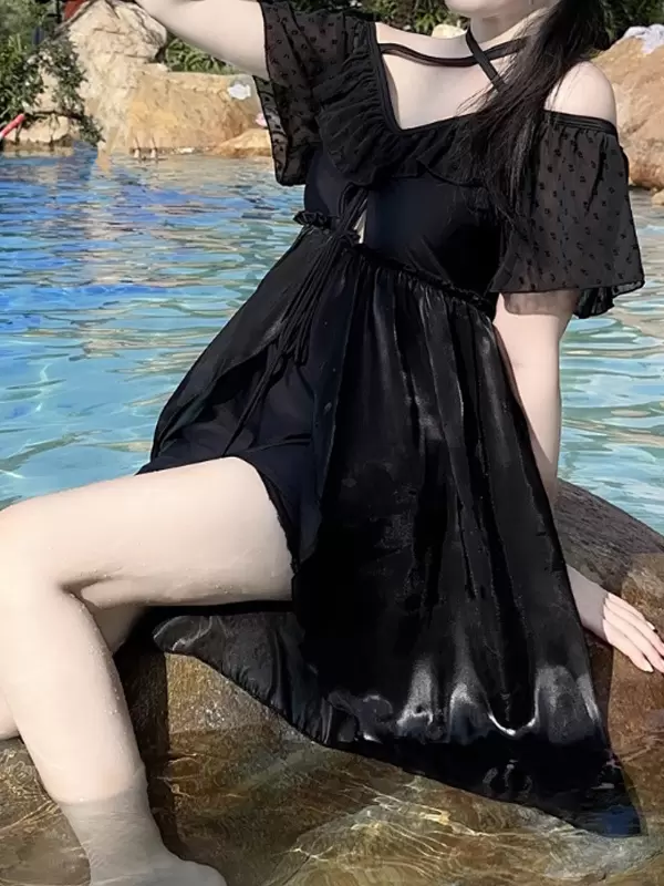 Sweet Lolita Swimsuits Pink Ruffles Lace Up Short Sleeves Pants Dress - Image 4