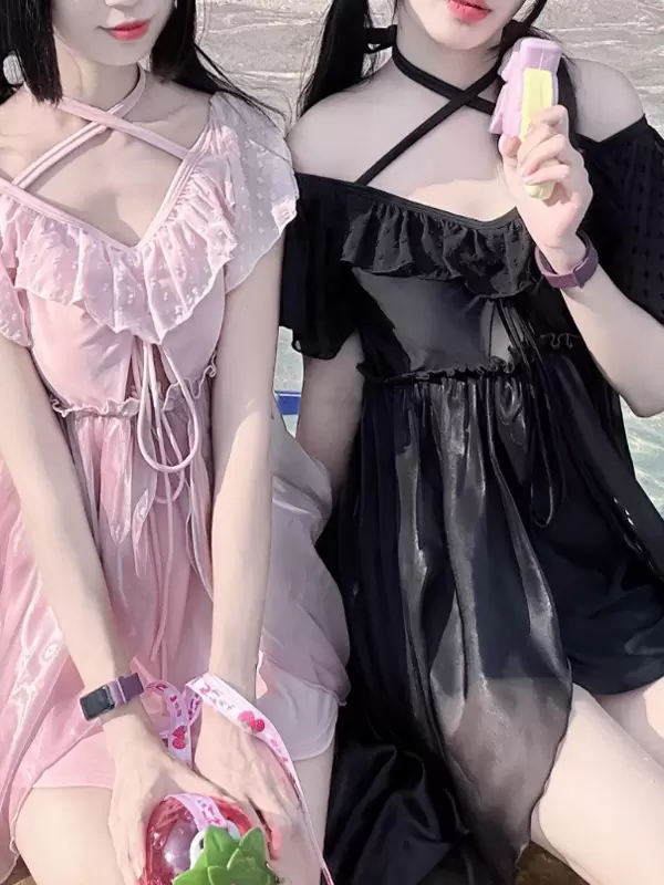 Sweet Lolita Swimsuits Pink Ruffles Lace Up Short Sleeves Pants Dress - Image 5