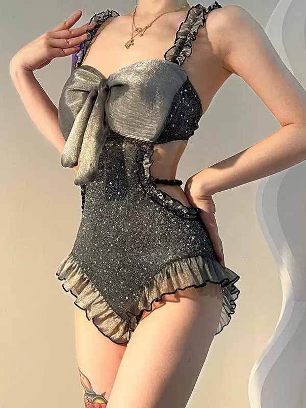 Sweet Lolita Swimsuits Gray Ruffles Bows Sleeveless Jumpsuit
