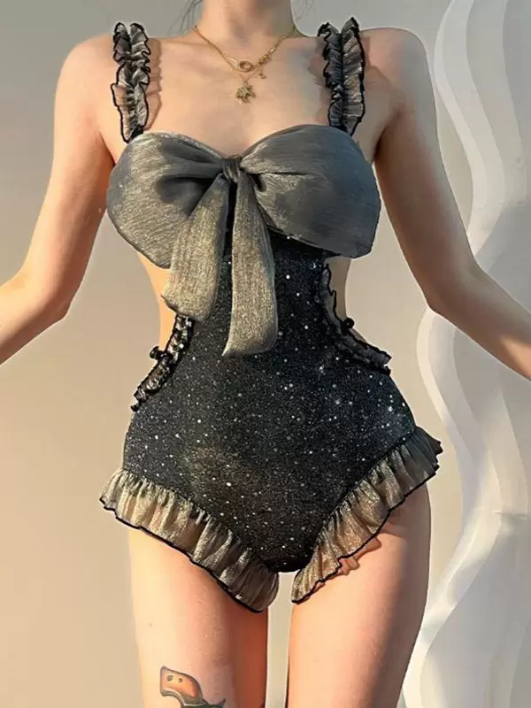 Sweet Lolita Swimsuits Gray Ruffles Bows Sleeveless Jumpsuit - Image 2