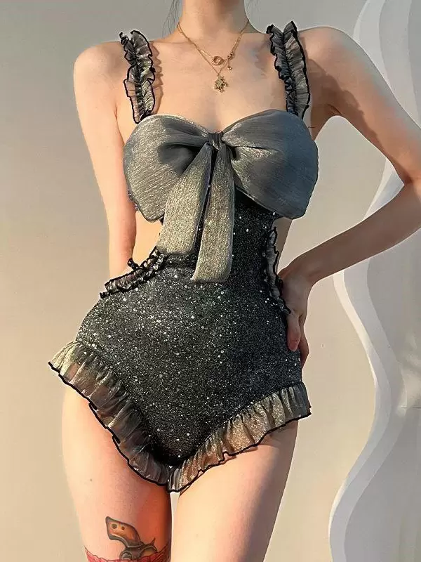 Sweet Lolita Swimsuits Gray Ruffles Bows Sleeveless Jumpsuit - Image 3