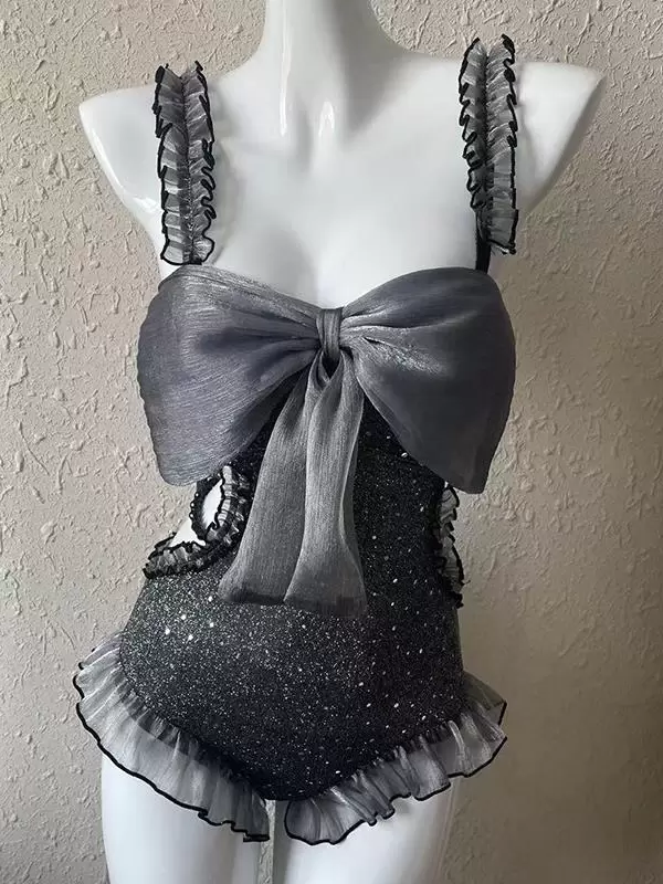 Sweet Lolita Swimsuits Gray Ruffles Bows Sleeveless Jumpsuit - Image 6