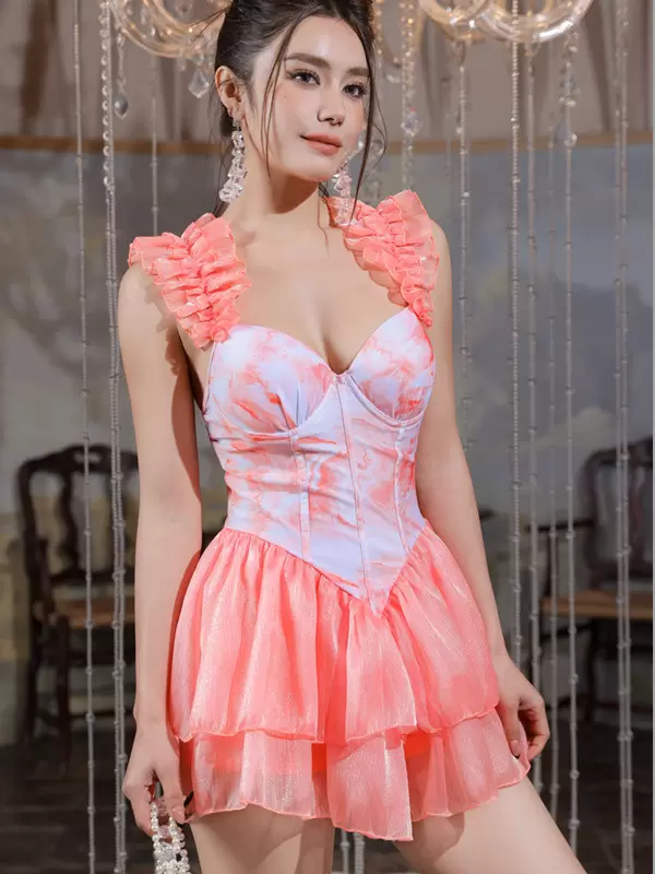 Sweet Lolita Swimsuits Pink Tiered Ruffles Floral Print Sleeveless Jumpsuit - Image 6
