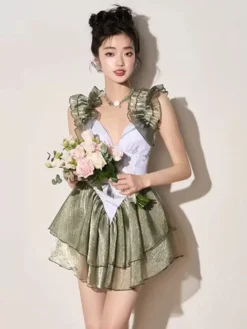 Sweet Lolita Swimsuits Pink Tiered Ruffles Floral Print Sleeveless Jumpsuit