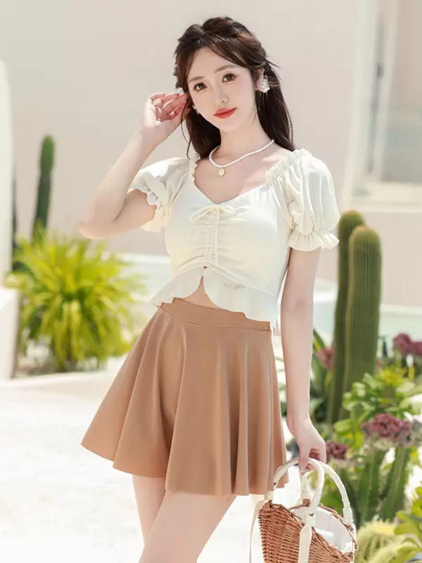 Sweet Lolita Swimsuits Ecru White Ruffles Floral Print Short Sleeves Top Pants - Image 3
