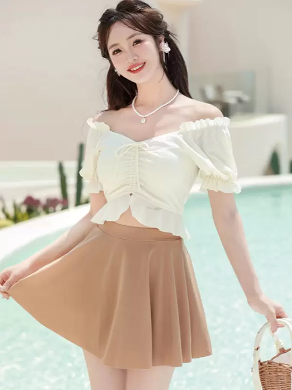 Sweet Lolita Swimsuits Ecru White Ruffles Floral Print Short Sleeves Top Pants - Image 5