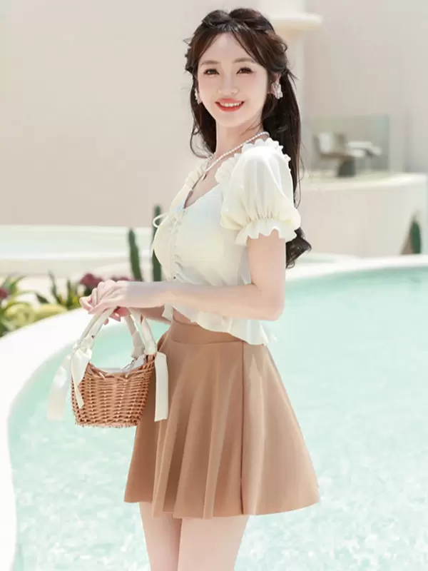 Sweet Lolita Swimsuits Ecru White Ruffles Floral Print Short Sleeves Top Pants - Image 6