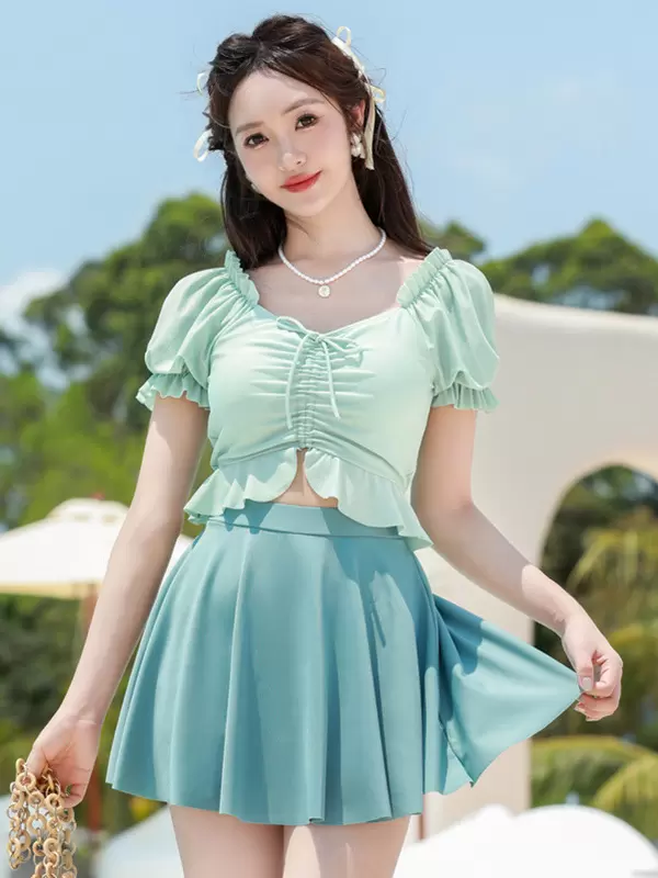 Sweet Lolita Swimsuits Ecru White Ruffles Floral Print Short Sleeves Top Pants