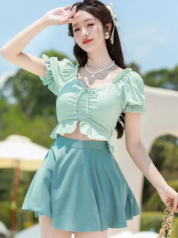 Sweet Lolita Swimsuits Ecru White Ruffles Floral Print Short Sleeves Top Pants - Image 2