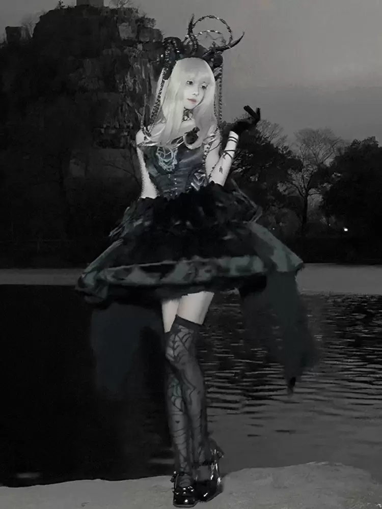 Gothic Lolita Dresses Draped Chains Animal Print Black Black - Image 4