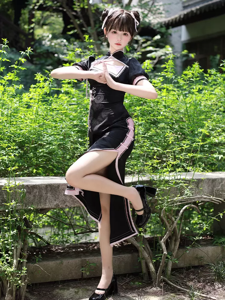 Chinese Style Lolita Dress Woven Short Sleeves Jacquard Chinese Style Animal Print Black Chinese Style Lolita - Image 2