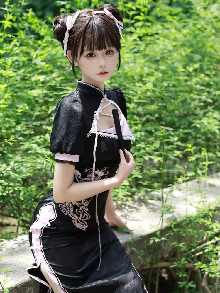 Chinese Style Lolita Dress Woven Short Sleeves Jacquard Chinese Style Animal Print Black Chinese Style Lolita - Image 3