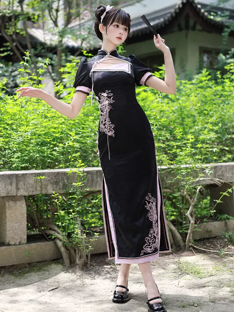 Chinese Style Lolita Dress Woven Short Sleeves Jacquard Chinese Style Animal Print Black Chinese Style Lolita - Image 4