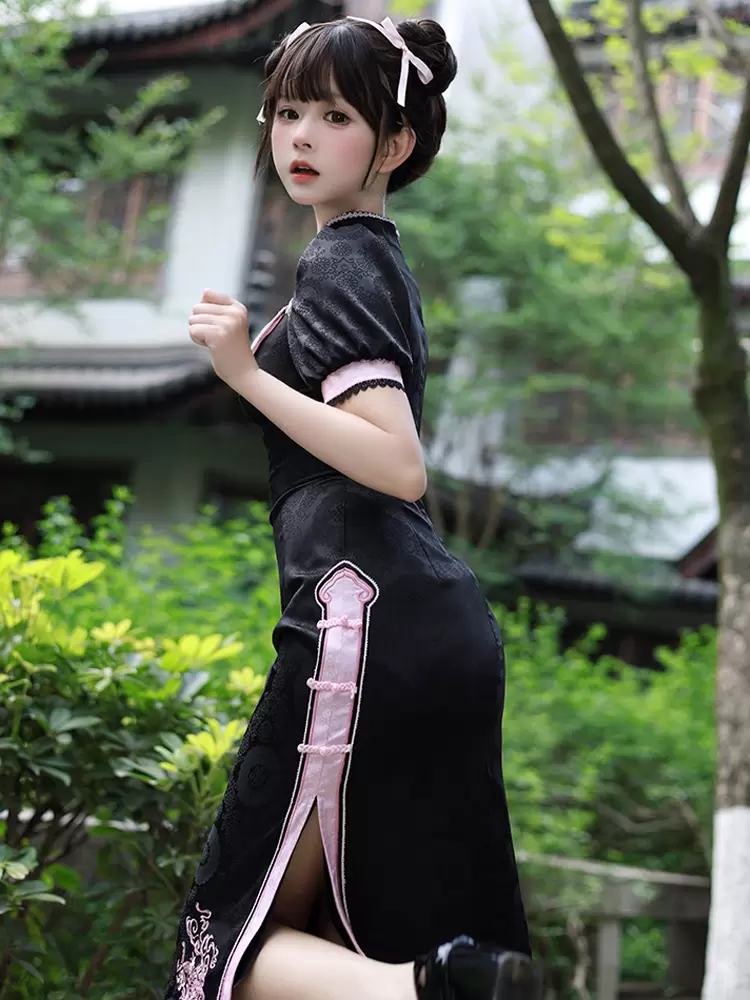Chinese Style Lolita Dress Woven Short Sleeves Jacquard Chinese Style Animal Print Black Chinese Style Lolita - Image 5
