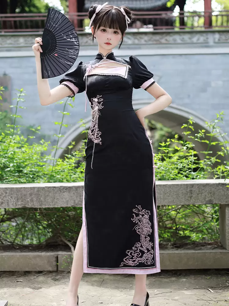 Chinese Style Lolita Dress Woven Short Sleeves Jacquard Chinese Style Animal Print Black Chinese Style Lolita - Image 7