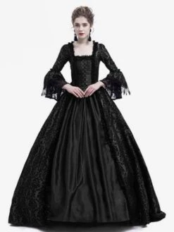Victorian Dress Costume Prom Dress Long Gothic Trumpet Long Sleeves Black Ball Gown Square Neckline Victorian Era Clothing With Hat Retro Costumes Halloween