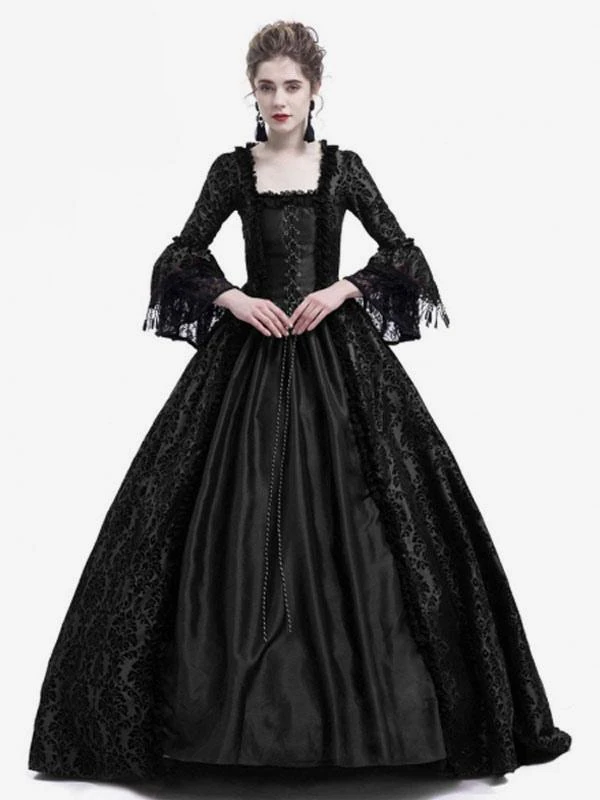 Victorian Dress Costume Prom Dress Long Gothic Trumpet Long Sleeves Black Ball Gown Square Neckline Victorian Era Clothing With Hat Retro Costumes Halloween