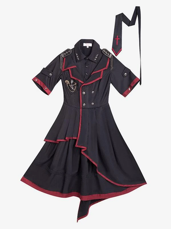 Military Style Lolita OP Dress 3 Pieces Set Black Chains Rivets Gothic Lolita One Piece Dresses - Image 3